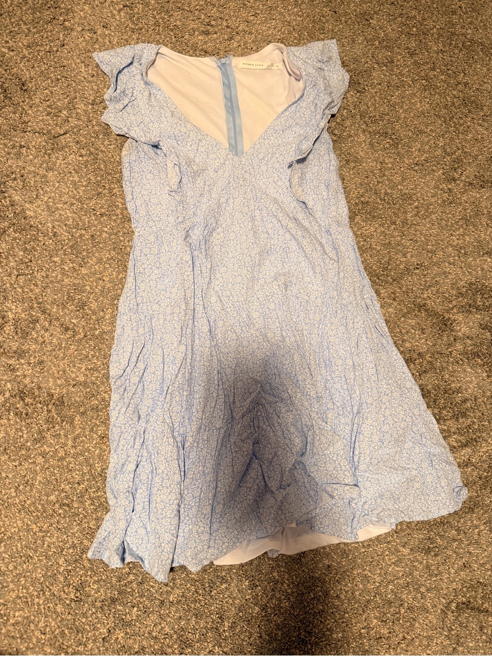 Light Blue Floral V-Neck Ruffle Sleeve Dress